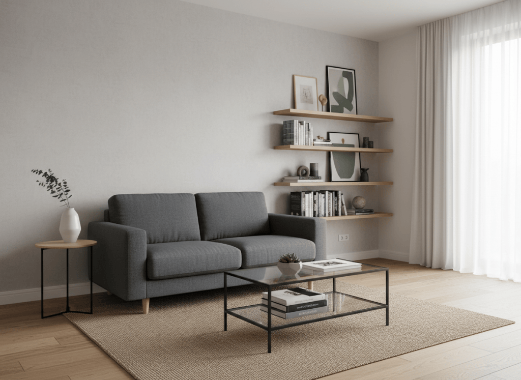 Sofá compacto en un salón pequeño bien distribuido