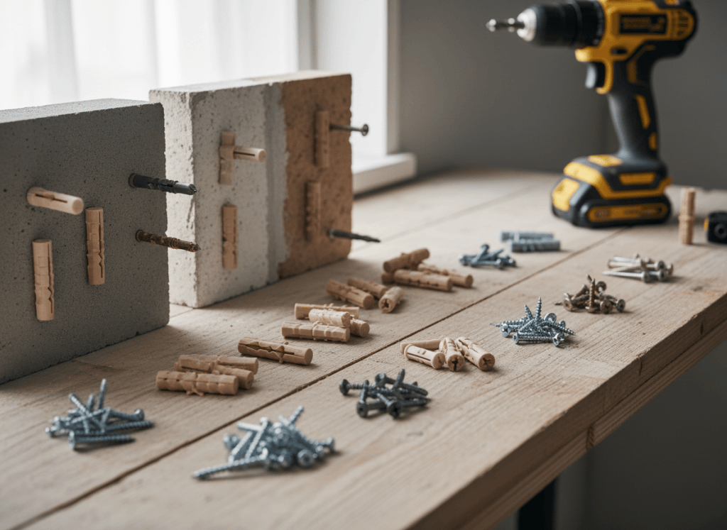 Tacos y tornillos para distintos tipos de pared