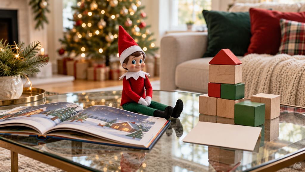 Muñeco de elfo navideño junto a un cuento ilustrado y una torre de bloques grandes en una mesa del salón