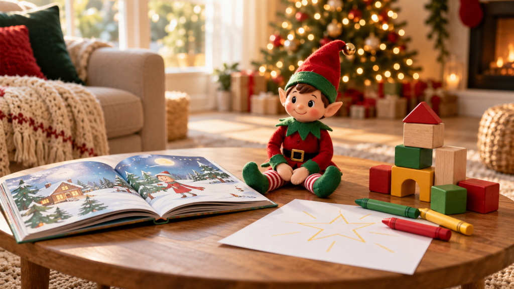 Muñeco de elfo navideño junto a un cuento ilustrado abierto, ceras gruesas y bloques de madera