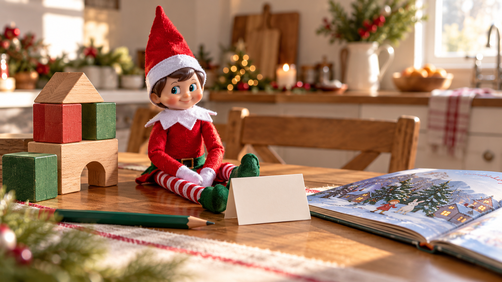 Muñeco de elfo navideño junto a bloques de madera, un libro ilustrado y una tarjeta en blanco sobre una mesa