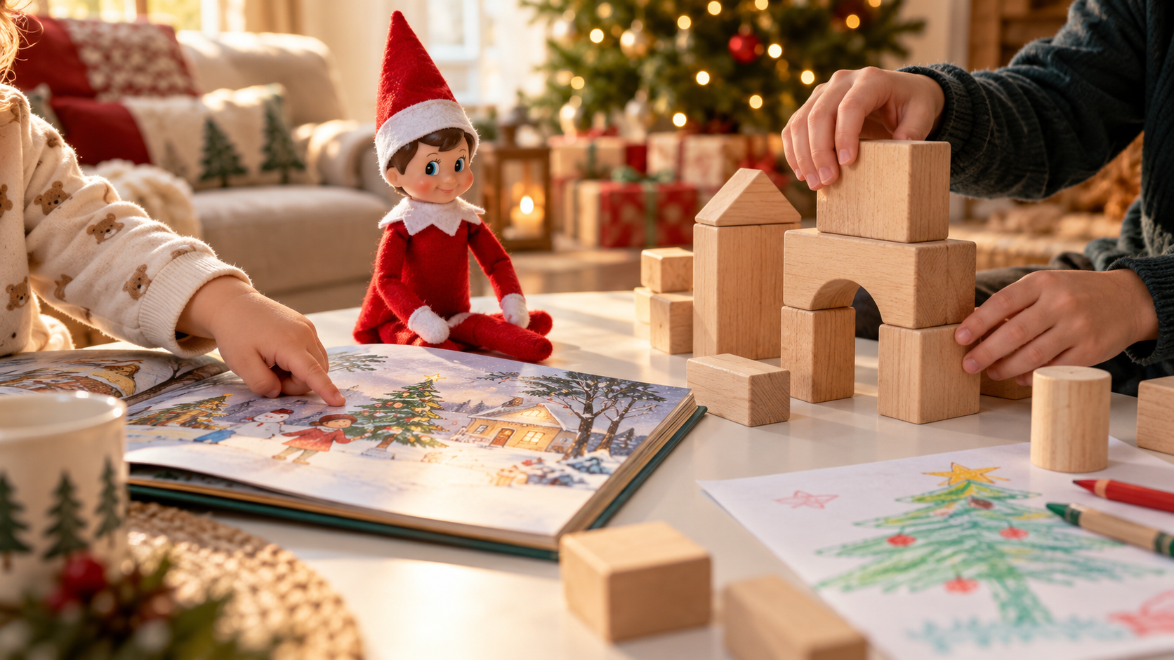 Dos niños de distintas edades comparten un cuento y construyen con bloques grandes junto al elfo navideño
