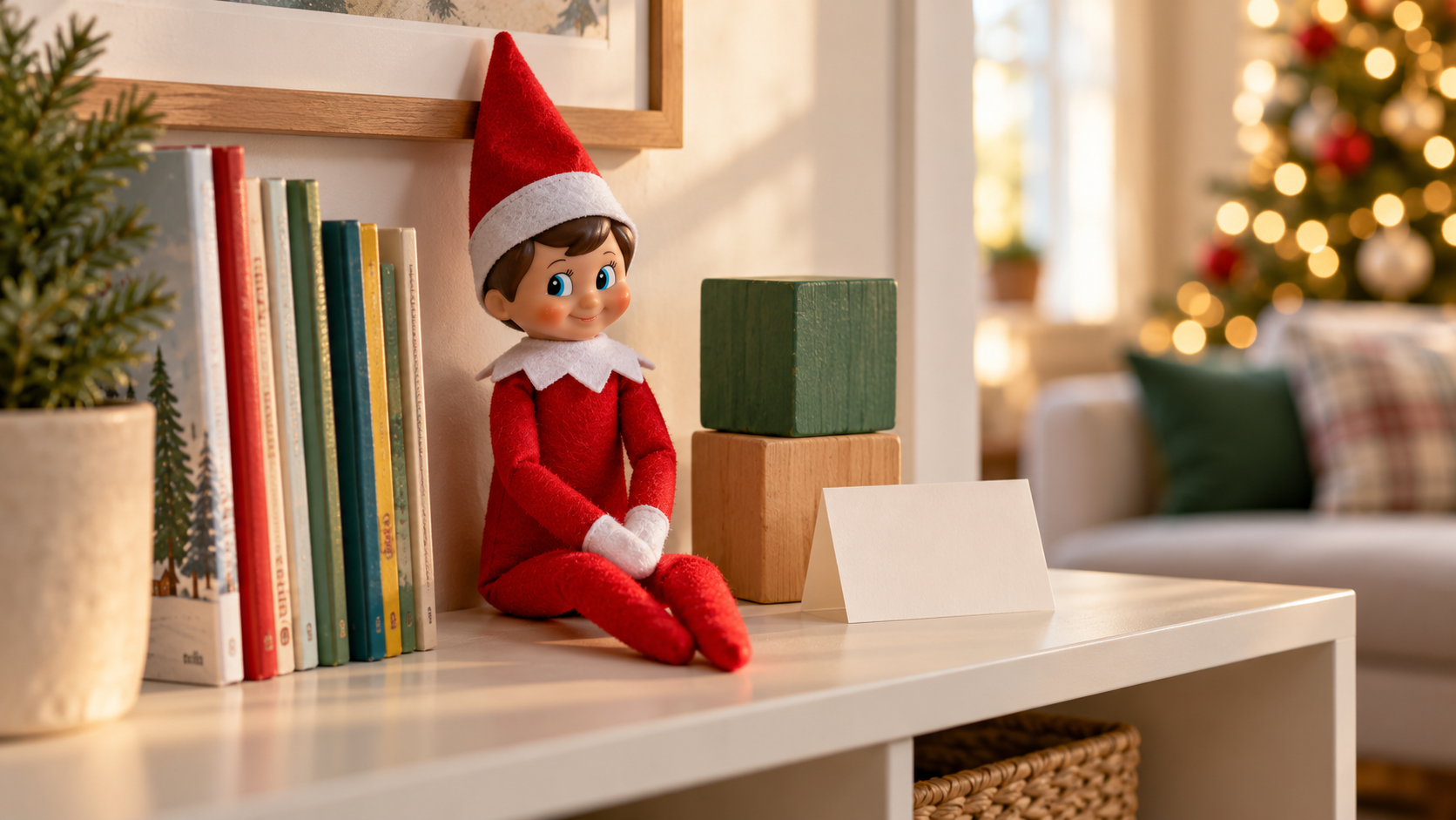 Muñeco de elfo navideño en una estantería ordenada junto a libros infantiles, bloques de madera y una tarjeta en blanco