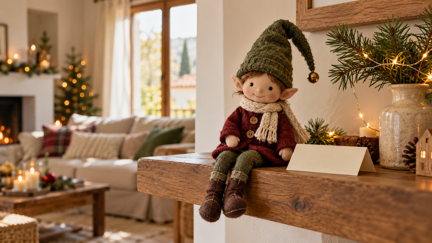 Muñeco de elfo navideño junto a una carta y una rama de pino en una casa iluminada por la mañana