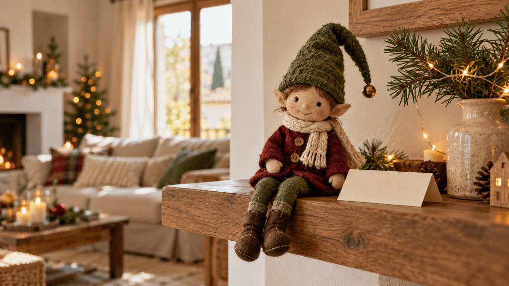 Muñeco de elfo navideño junto a una carta y una rama de pino en una casa iluminada por la mañana