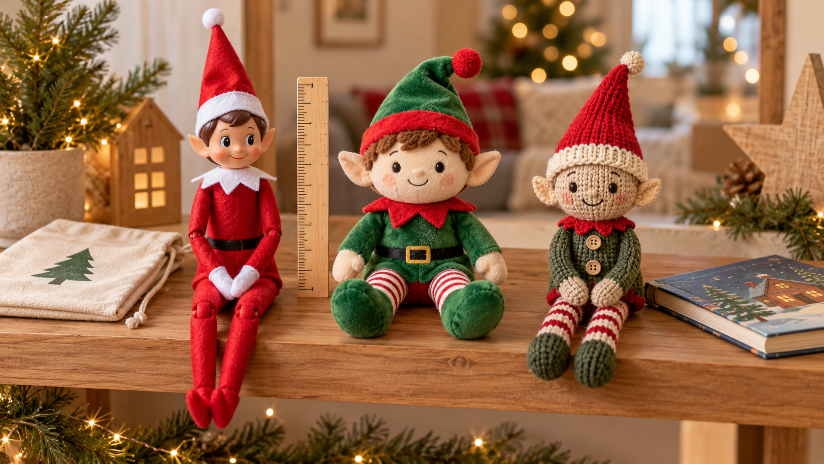 Tres tipos de muñeco de elfo navideño: figura articulada de fieltro, peluche blando y elfo tejido