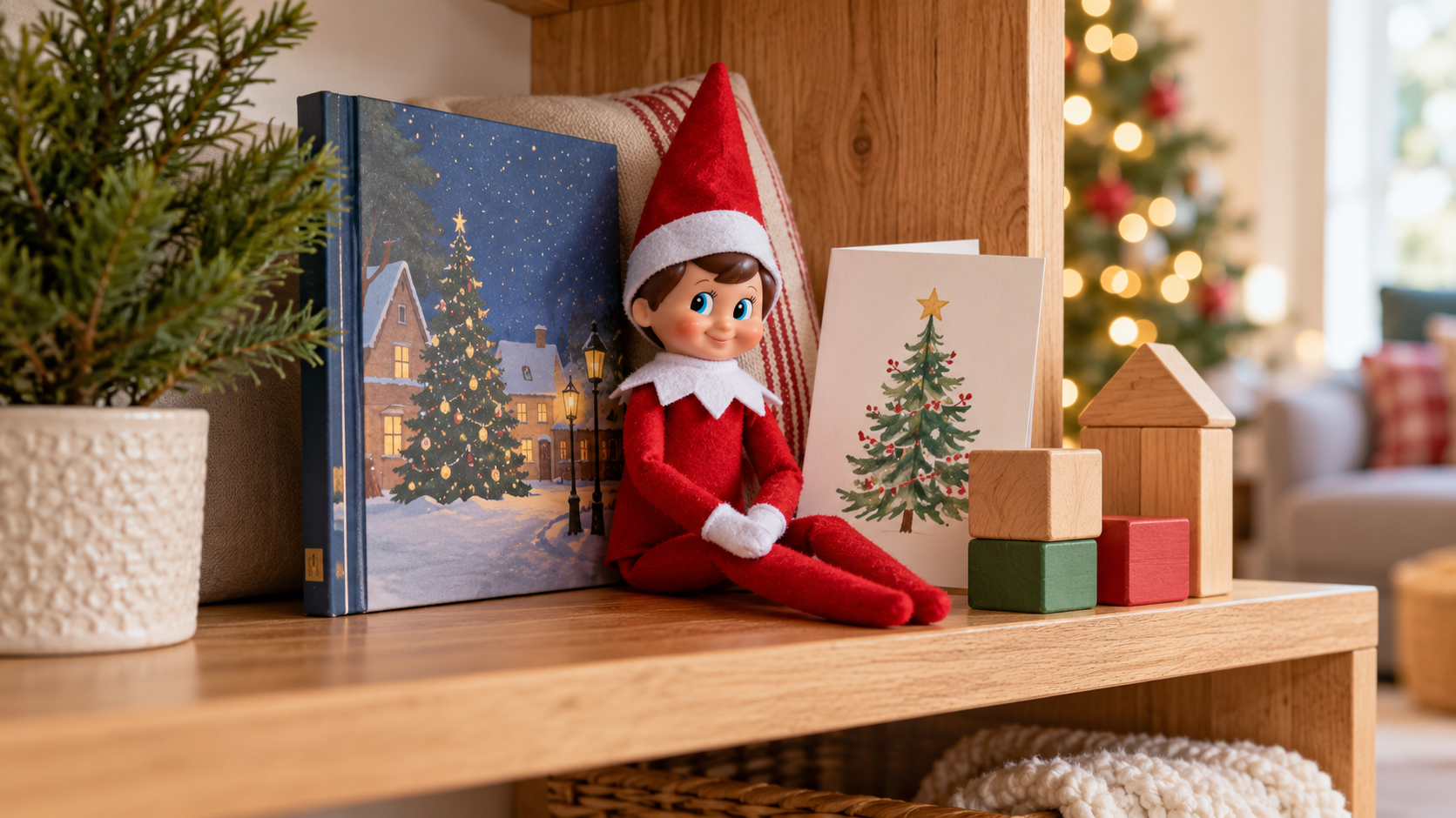 Elfo navideño en un rincón de lectura con un cuento, una tarjeta y bloques grandes
