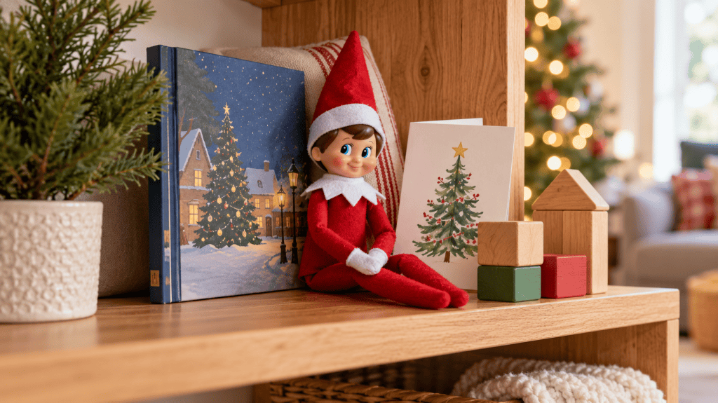 Elfo navideño en un rincón de lectura con un cuento, una tarjeta y bloques grandes
