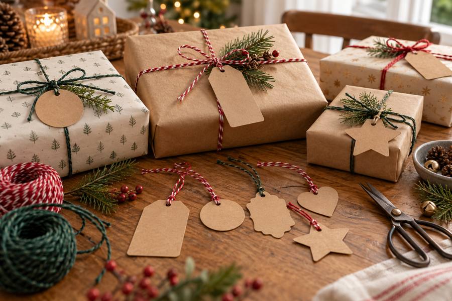 Etiquetas navideñas de cartón kraft atadas con cordel a varios regalos envueltos