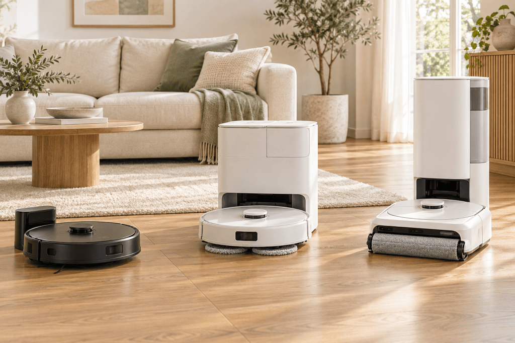 Robots aspiradores eufy de distintas generaciones: un modelo clásico, uno con mopas giratorias y otro con rodillo junto a su estación de mantenimiento.