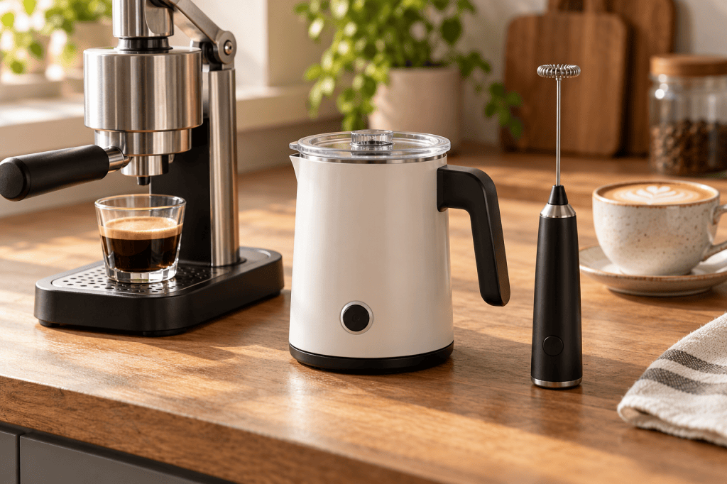 Espumador eléctrico de jarra y batidor manual junto a una cafetera espresso