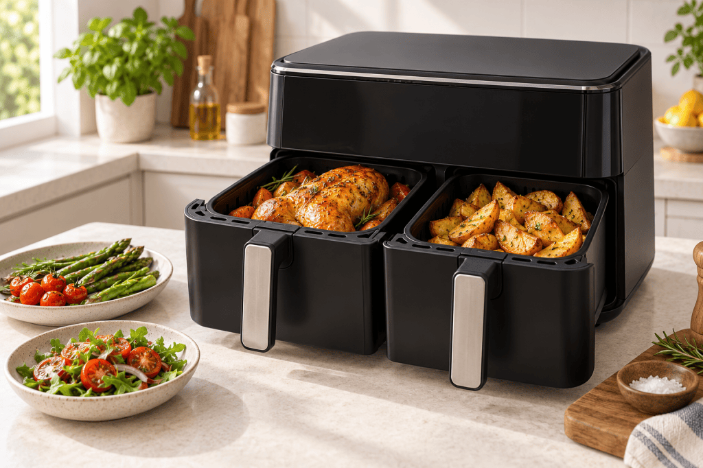 Freidora de aire de doble cesta con pollo asado y patatas en compartimentos separados.