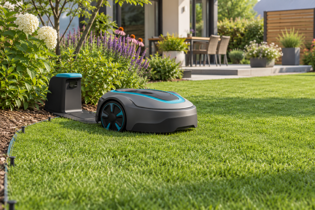 Robot cortacésped gris y turquesa junto a su estación de carga en un jardín doméstico