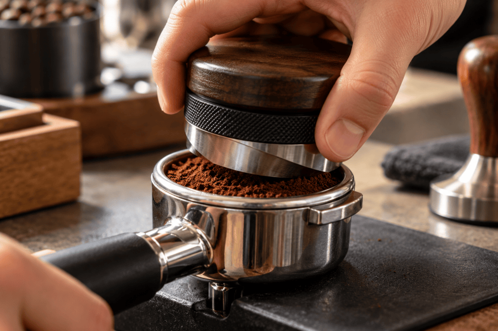 Herramienta de distribución giratoria nivelando el café molido dentro de un portafiltro