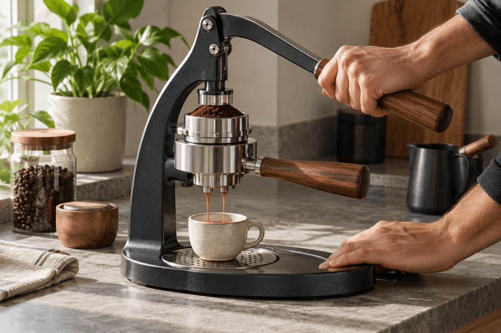 Cafetera espresso manual de palanca al preparar un café en una taza pequeña