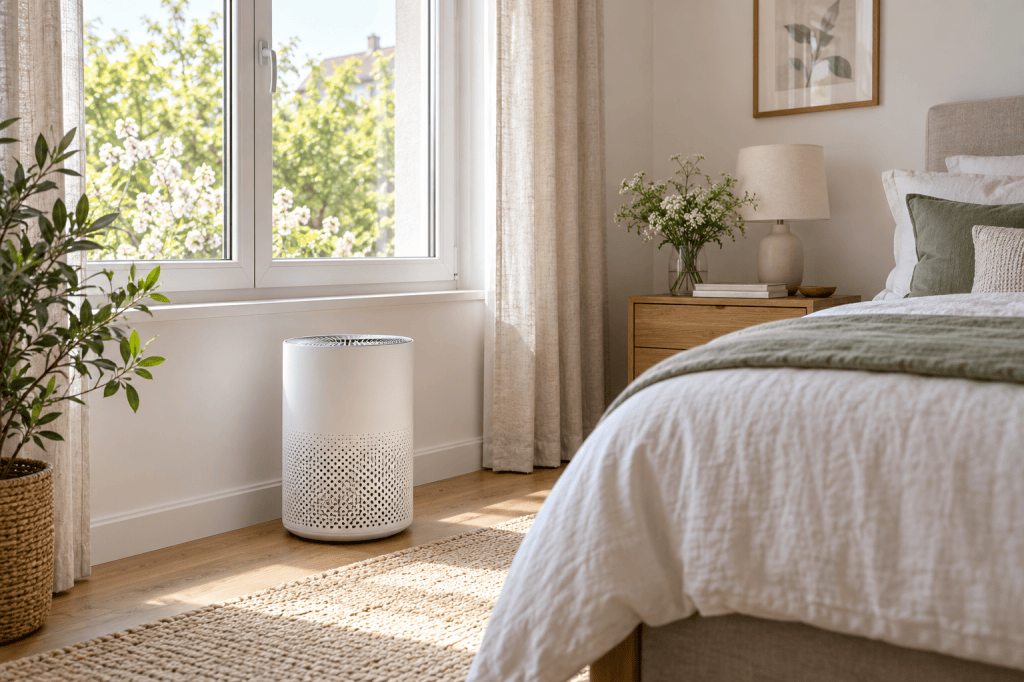Purificador de aire en un dormitorio luminoso con la ventana cerrada