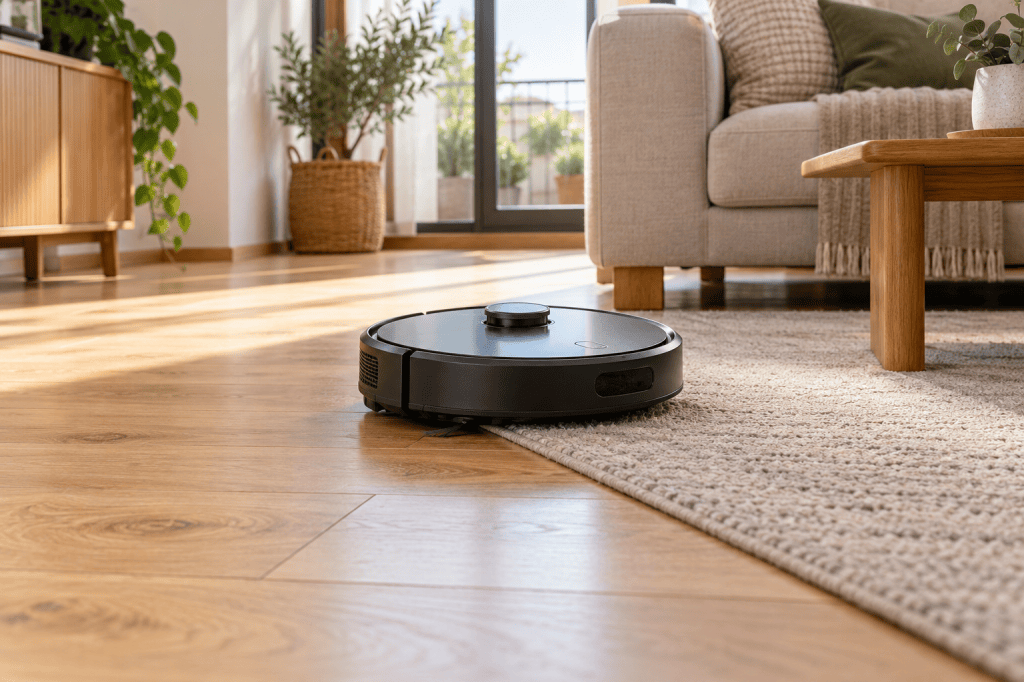 Robot aspirador cruzando la unión entre un suelo de madera y una alfombra de pelo corto