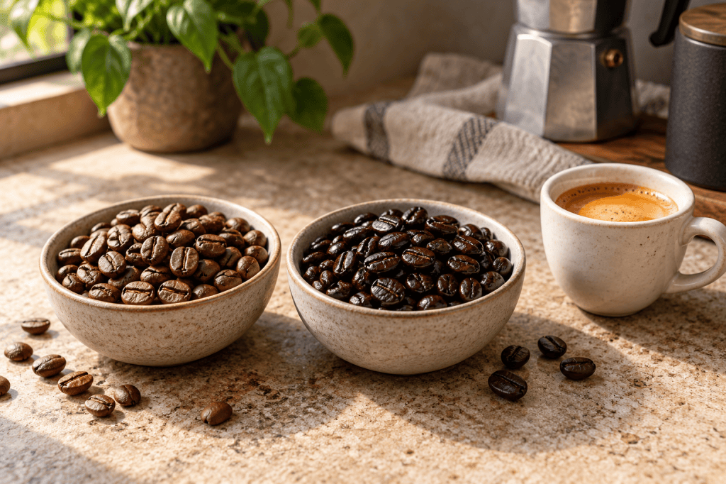 Dos cuencos comparan granos de café mates de tueste natural y granos oscuros y brillantes junto a un espresso