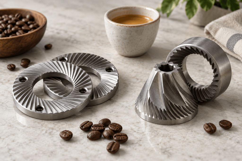 Juego de muelas planas y juego de muelas cónicas para molinillos de café
