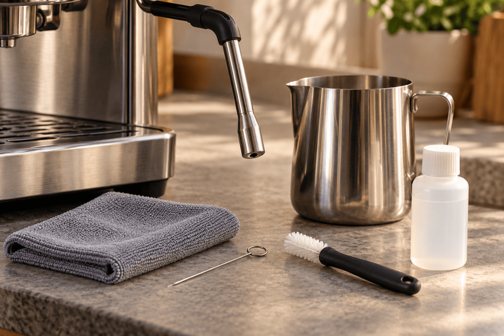 Paño, cepillo y aguja de limpieza junto a la lanza de vapor de una cafetera espresso