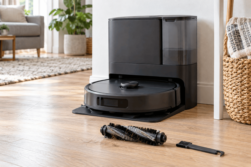 Robot aspirador acoplado a una base multifunción junto a su cepillo extraíble