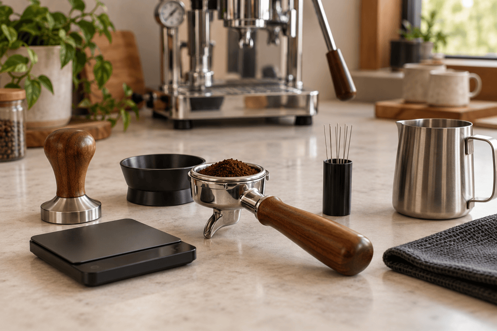 Accesorios barista para espresso manual dispuestos junto a un portafiltro
