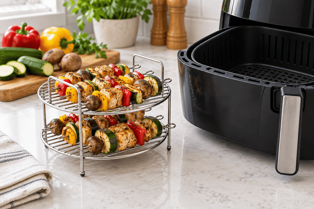 Rejilla metálica de dos niveles con brochetas de verduras y pollo junto a una freidora