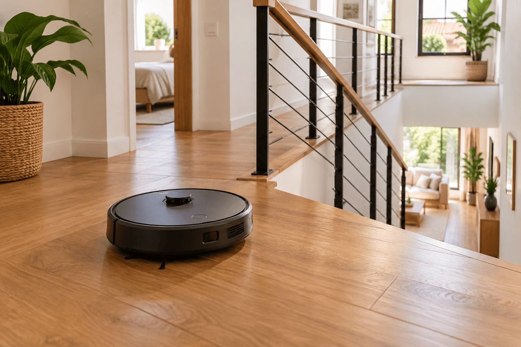 Robot aspirador en un rellano de madera con una escalera al fondo