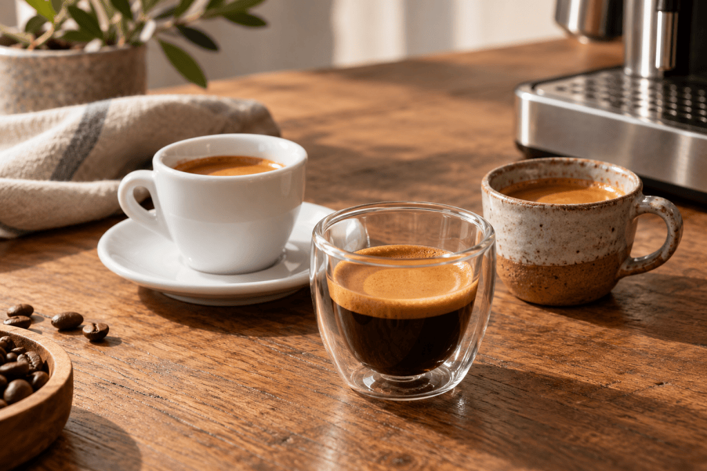 Tres tazas pequeñas de espresso de porcelana y vidrio junto a un espresso recién preparado