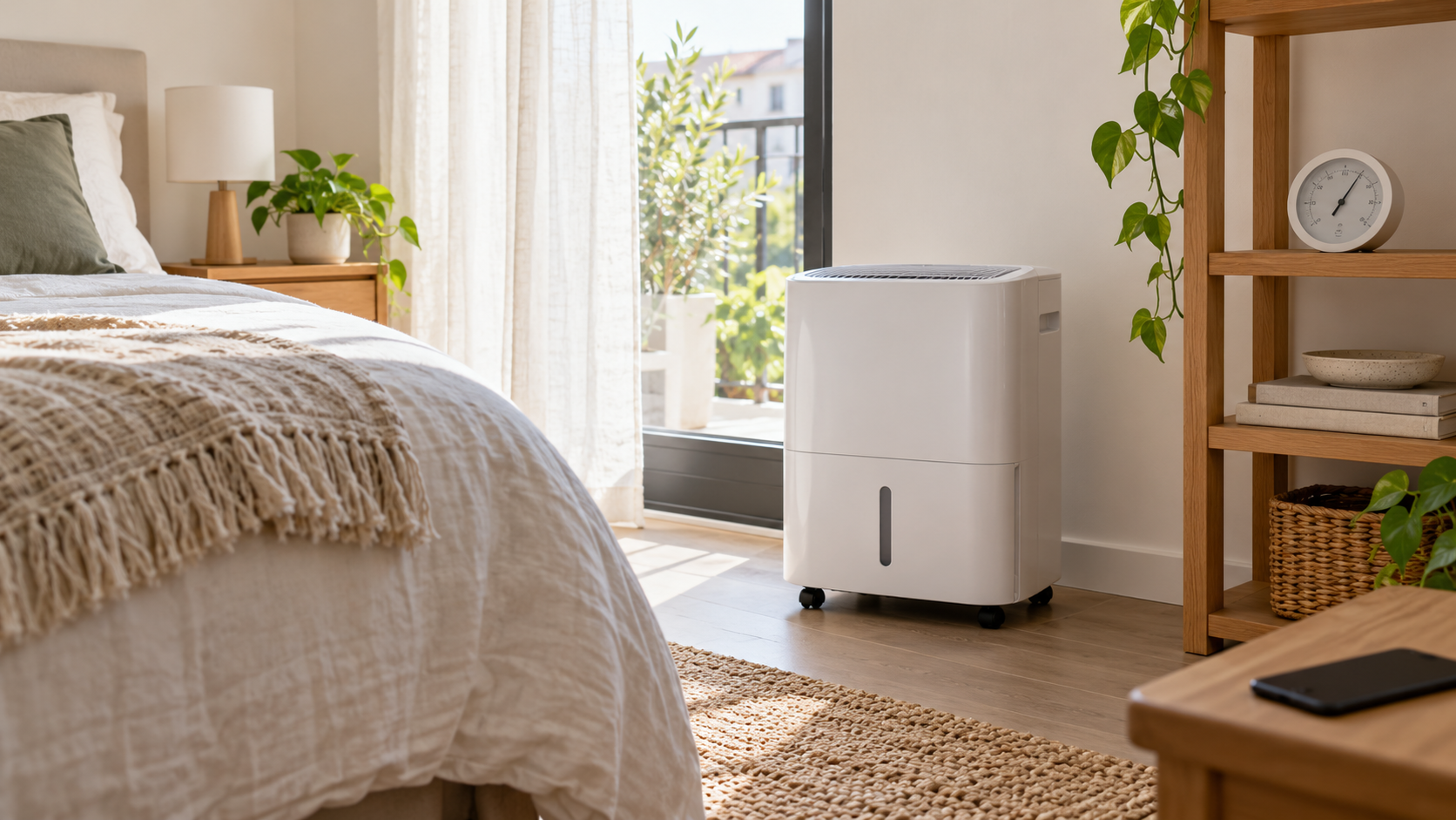 Deshumidificador compacto de compresor en un dormitorio con un medidor de humedad