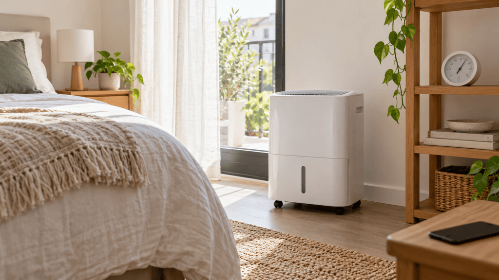 Deshumidificador compacto de compresor en un dormitorio con un medidor de humedad