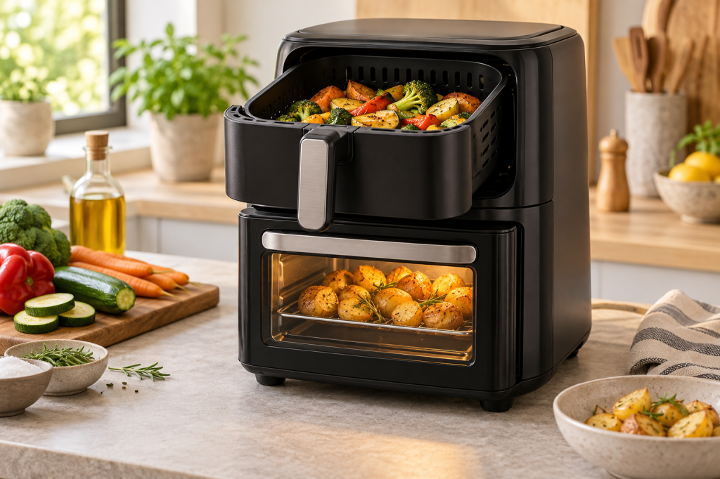 Freidora de aire multifunción con cesta superior y horno inferior con puerta de cristal