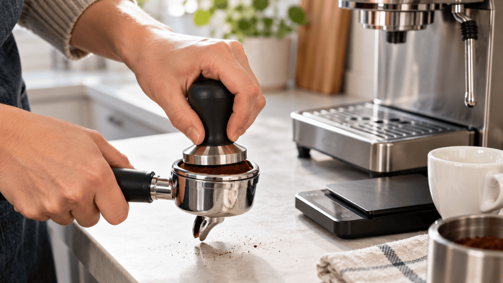 Manos prensando café molido en el portafiltro junto a una cafetera espresso manual
