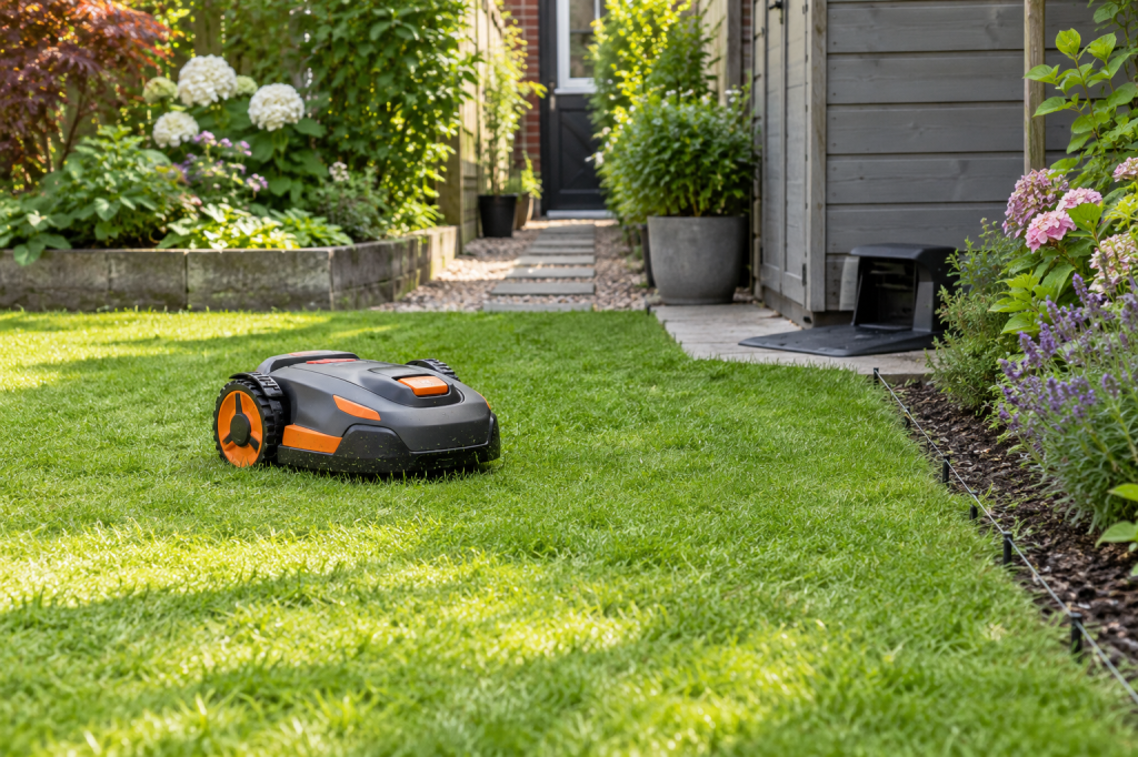 Robot cortacésped negro y naranja junto al cable delimitador en un jardín doméstico con pasillo