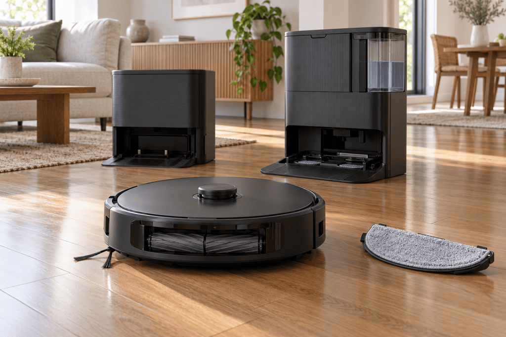 Robot aspirador con base de autovaciado y robot friegasuelos con estación de mopas