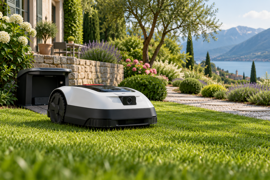 Robot cortacésped blanco y negro con sensores frontales y estación de carga en el césped