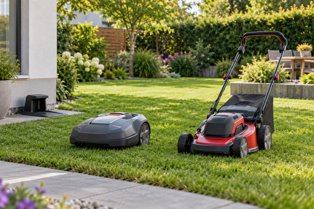 Robot cortacésped y cortacésped manual de empuje aparecen juntos junto al césped de un jardín residencial
