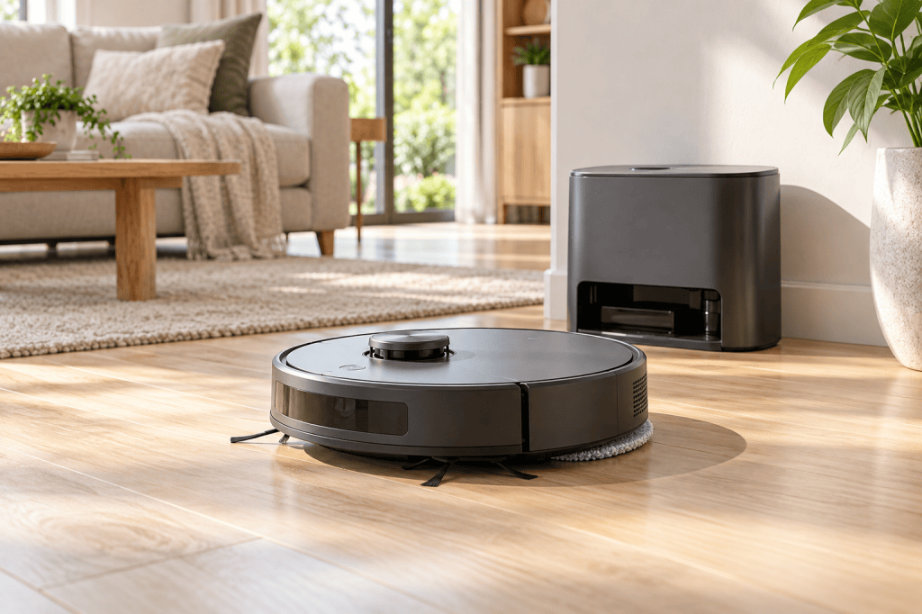 Robot aspirador circular con mopa y una base de mantenimiento en un salón luminoso.