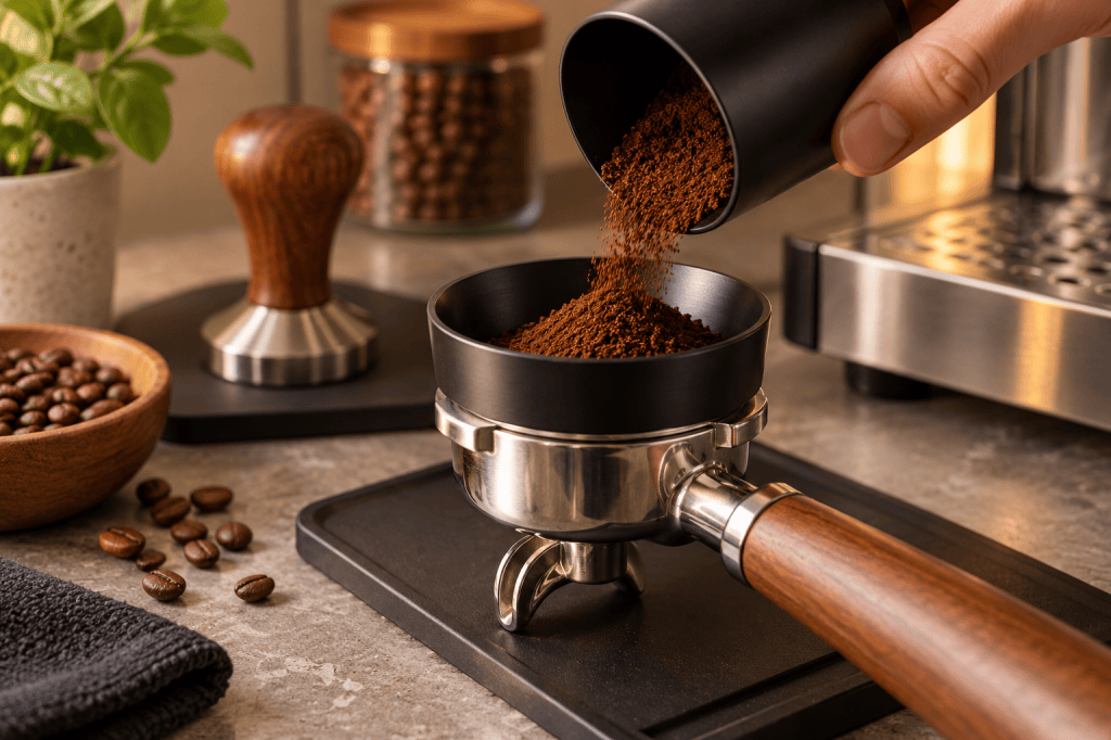 Café molido entrando en un portafiltro con un embudo dosificador magnético instalado