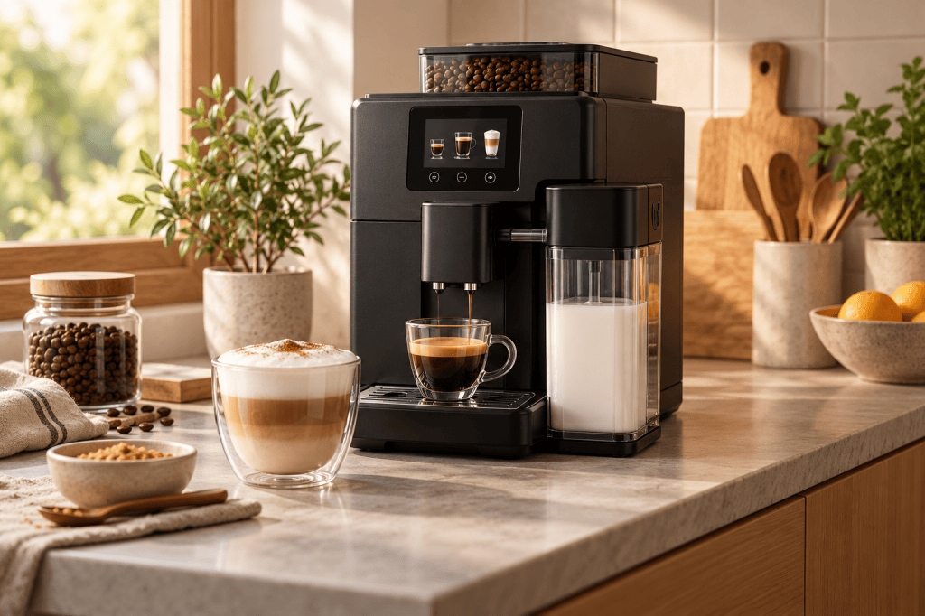 Cafetera superautomática compacta con depósito de leche junto a un cappuccino