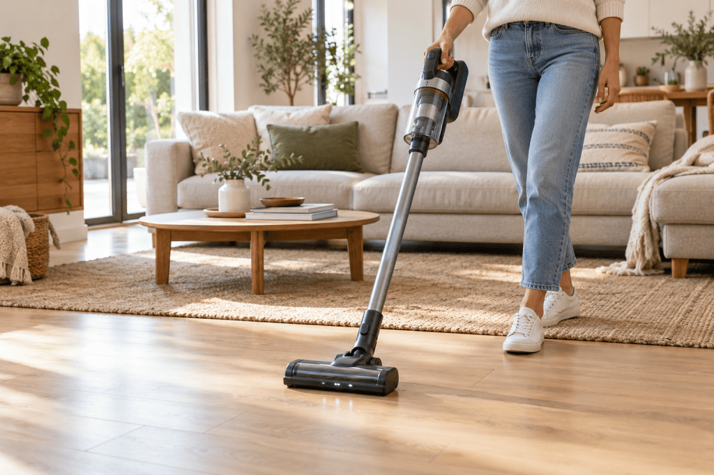 Una aspiradora escoba sin cable limpia el suelo de madera de un salón luminoso