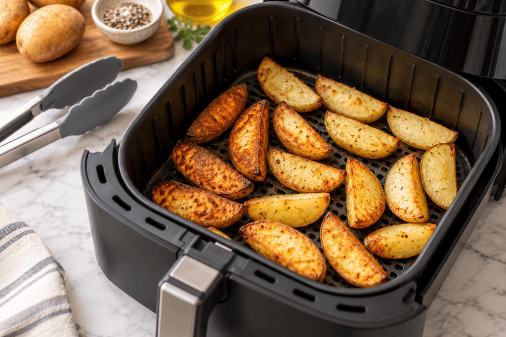 Patatas con distintos niveles de dorado en una cesta de freidora junto a unas pinzas
