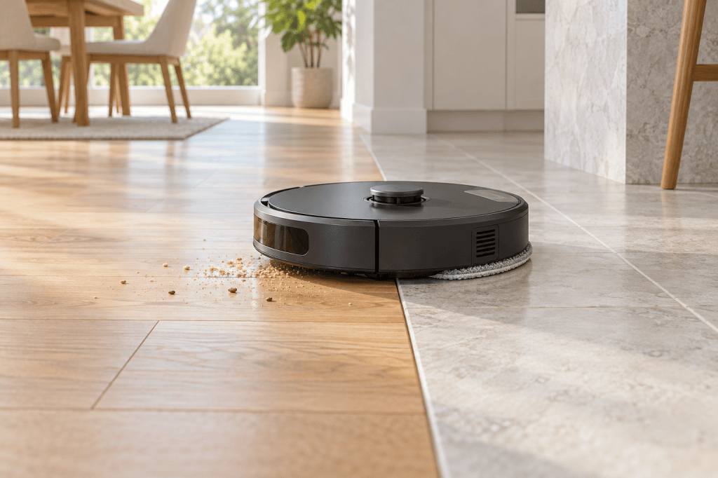Robot aspirador con mopa cruza la unión entre suelo de madera y baldosa