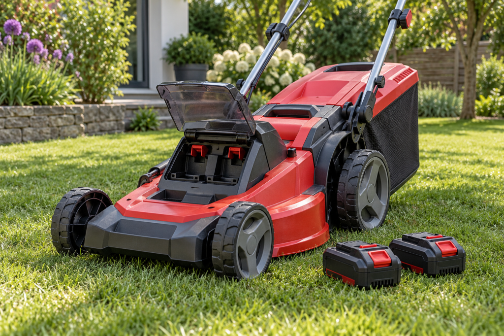 Cortacésped rojo y negro Einhell con dos alojamientos de batería y recogedor de 45 litros