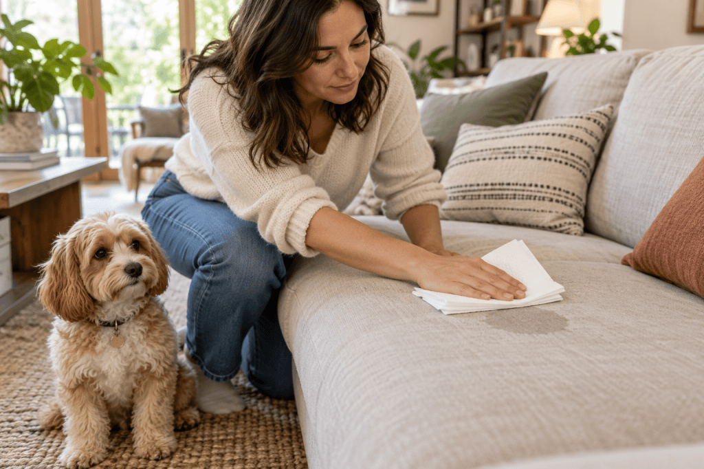 Una persona presiona varias capas de papel absorbente sobre una mancha pequeña del sofá mientras un perro permanece al lado.