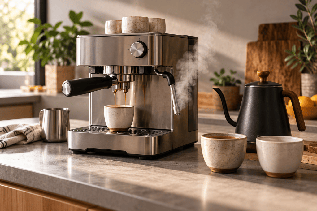 Cafetera espresso manual y hervidor sobre una encimera, con vapor saliendo de la lanza