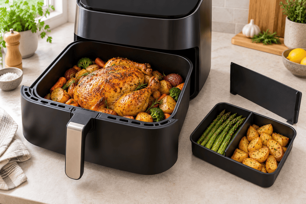 Cesta extra grande de freidora con pollo y verduras junto a un divisor para separar dos zonas.