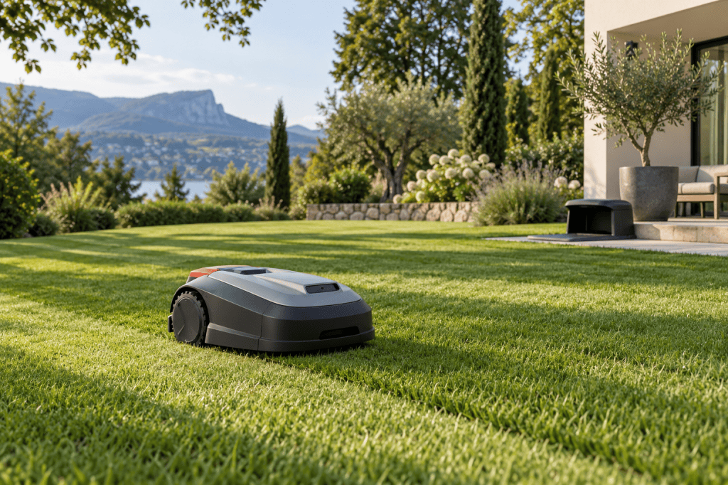 Robot cortacésped autónomo oscuro de perfil bajo cortando el césped junto a su estación