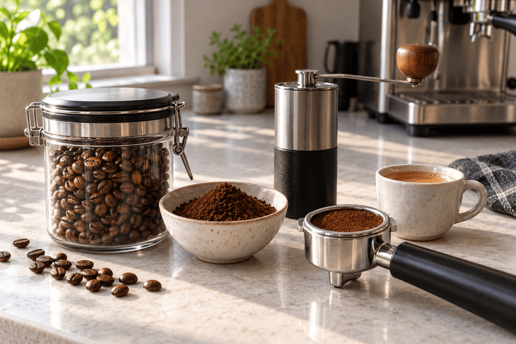 Café en grano dentro de un recipiente hermético junto a café molido, un molinillo y un portafiltro espresso