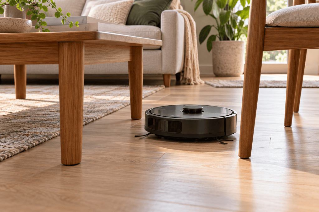 Robot aspirador navega entre las patas de una mesa y una silla en el salón